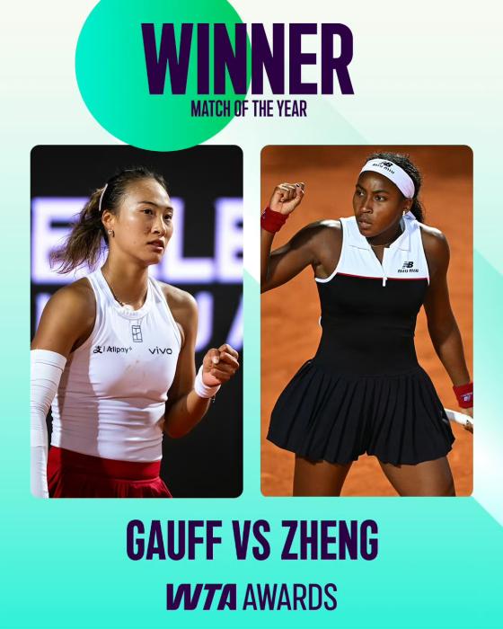 郑钦文连续两年获WTA最受球迷欢迎单打球员奖